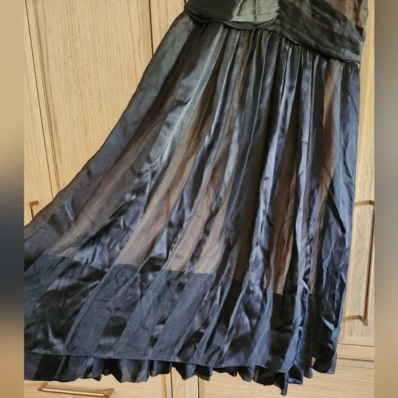 NWT Tufi Duek 100% silk black midi dress sheer striped silk over skin tone liner - Picture 3 of 8